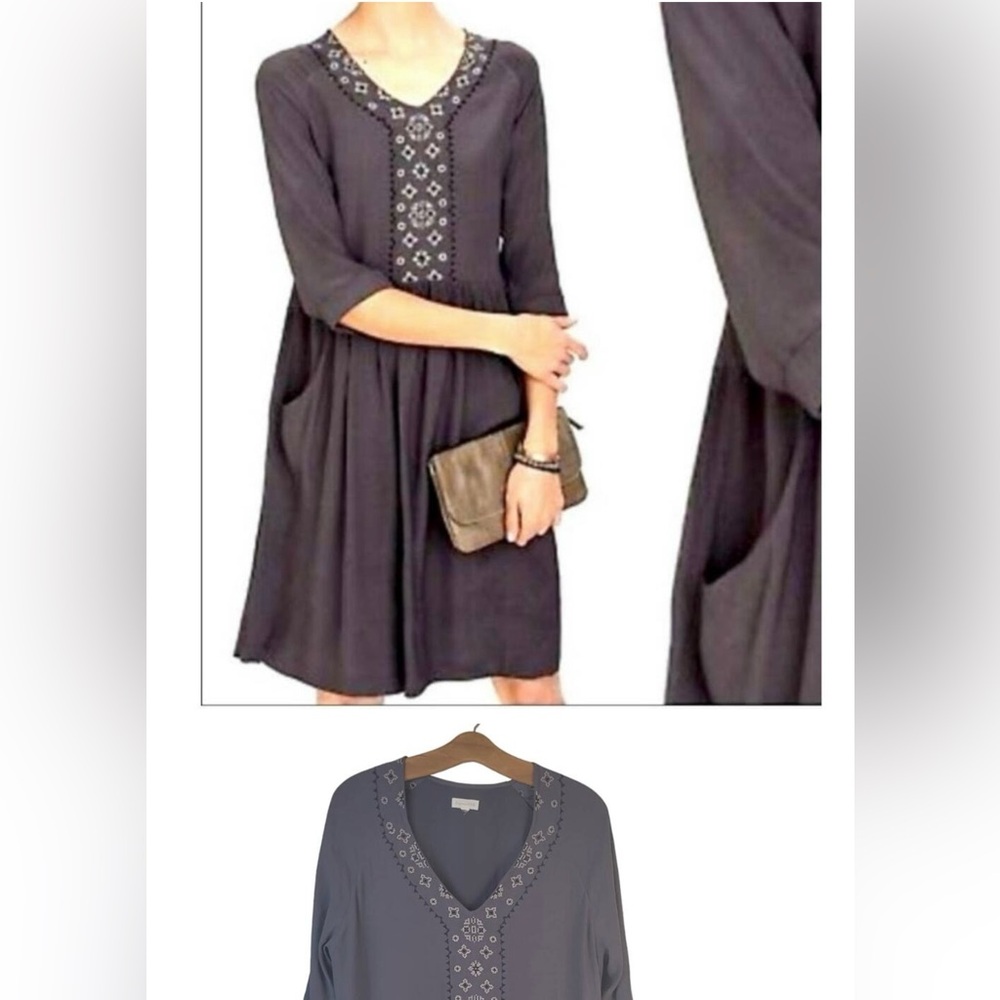 Garnet Hill Drop Waist Dress Women's 14 Gray Crepe Embroidered Art Deco Boho